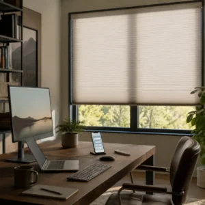 Best Automatic Blinds for Every Room: Smart, Remote & Programmable Options 2 Programmable cellular shades reducing glare in a modern home office