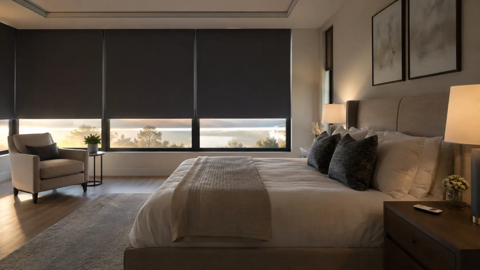 Best Automatic Blinds for Every Room: Smart, Remote & Programmable Options 1 Motorized blackout blinds in a modern bedroom with remote control